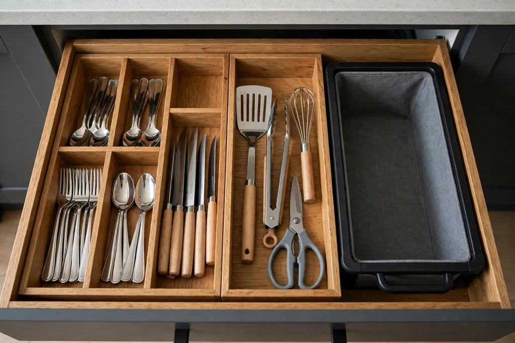 Open kitchen drawer with wooden dividers organizing utensils neatly.