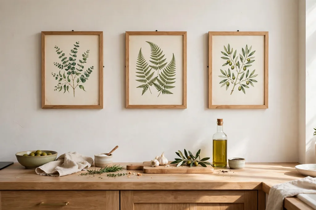 Kitchen wall with framed botanical prints in wood frames above a counter.