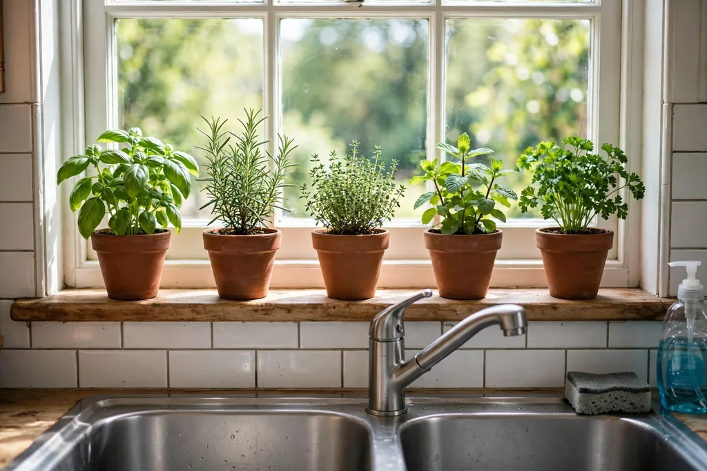 Small potted herb plants in terracotta pots on a sunny kitchen windowsill.