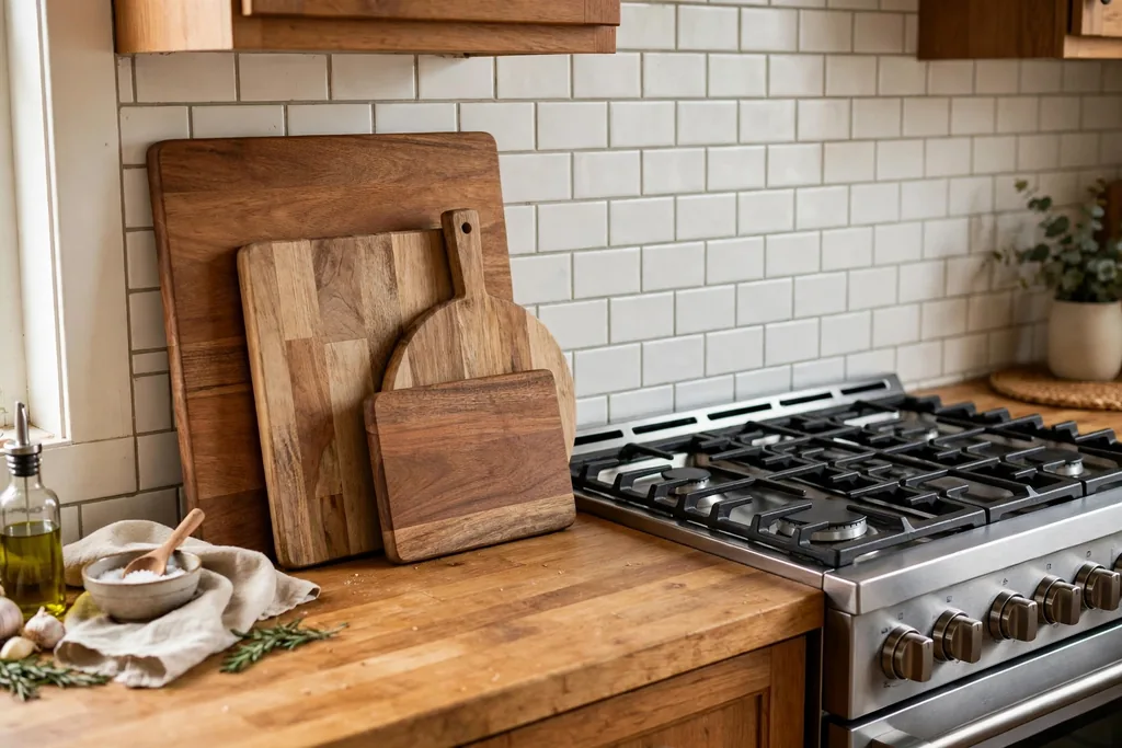 Wood cutting boards leaning against a kitchen backsplash beside a cooker.