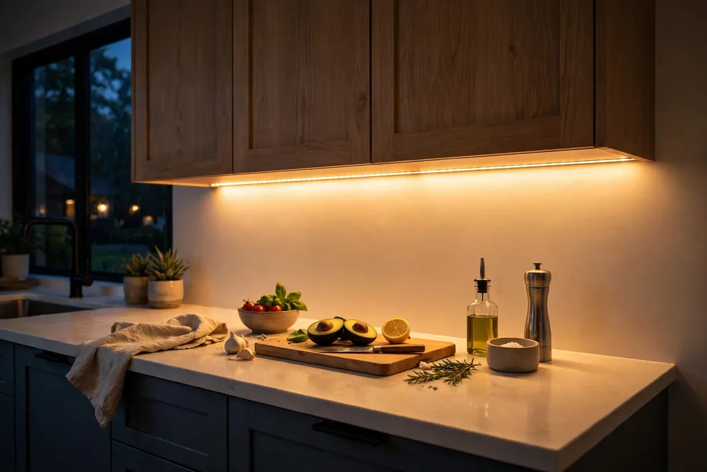 Kitchen counter lit by warm LED strip lights under upper cabinets in the evening.