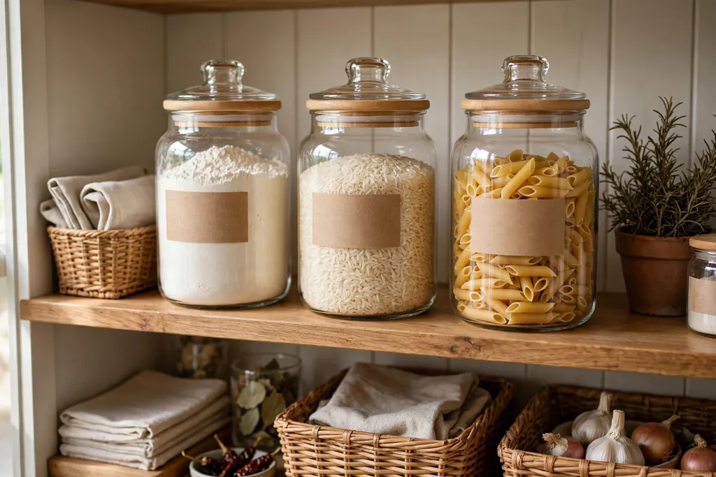 Kitchen pantry shelf with matching glass jars of flour, rice and pasta.