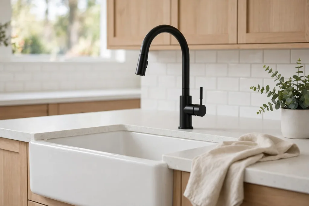 Kitchen sink with a new modern matte black faucet and a pale counter.