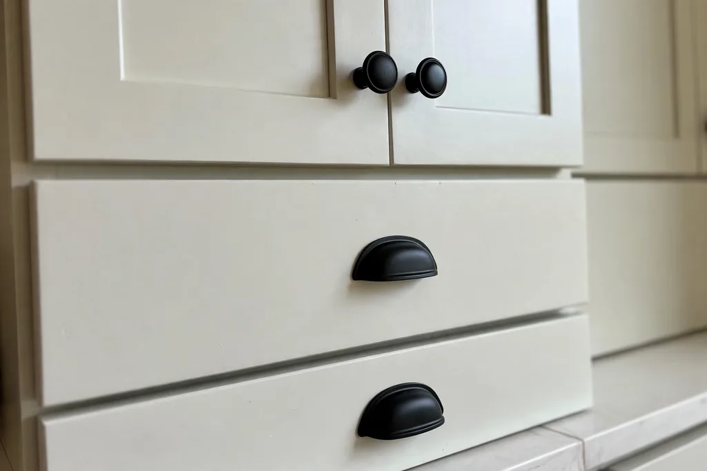 Kitchen cabinets with new matte black knobs and cup pulls.