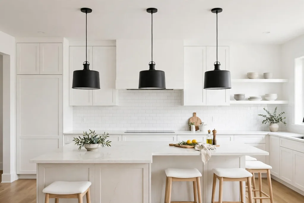 Simple black drum pendant lights hanging over a kitchen island.
