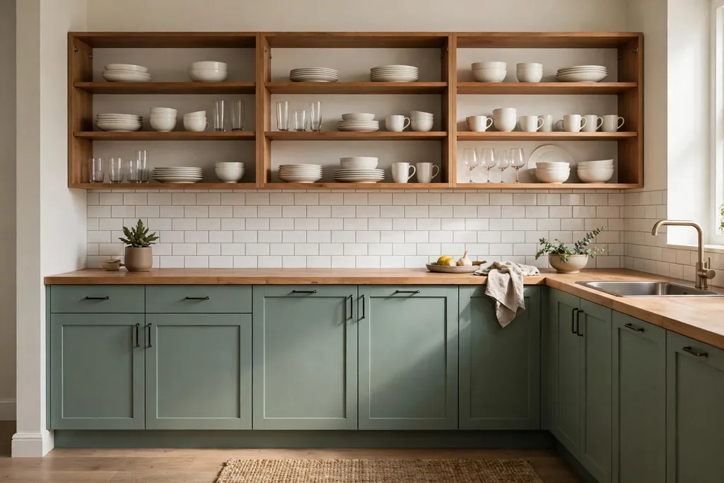 Kitchen with upper cabinet doors removed and open shelves holding white dishes.