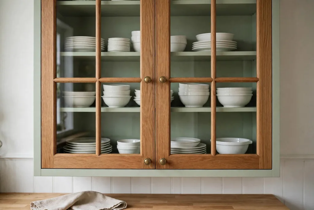 Glass front kitchen cabinet with a soft sage green painted interior and white dishes.