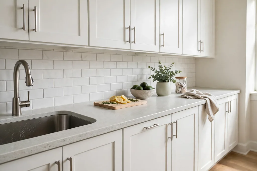 Kitchen counter painted with a pale stone look refinishing finish and white cabinets.