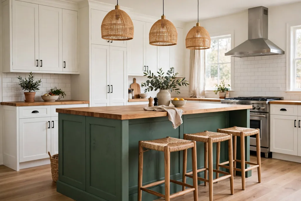 Kitchen island painted deep sage green with white main cabinets and a wood counter.