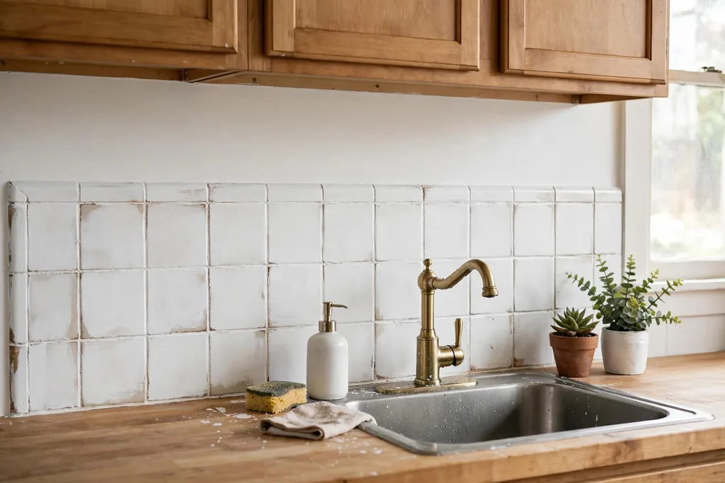 Kitchen tile backsplash painted soft white over old tiles behind a sink.