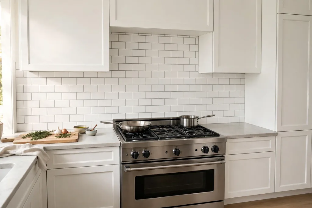 Kitchen backsplash with white peel-and-stick subway tiles behind a cooker.