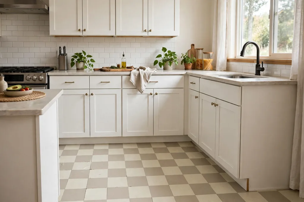 Kitchen floor with light peel-and-stick checkerboard tiles and white cabinets.