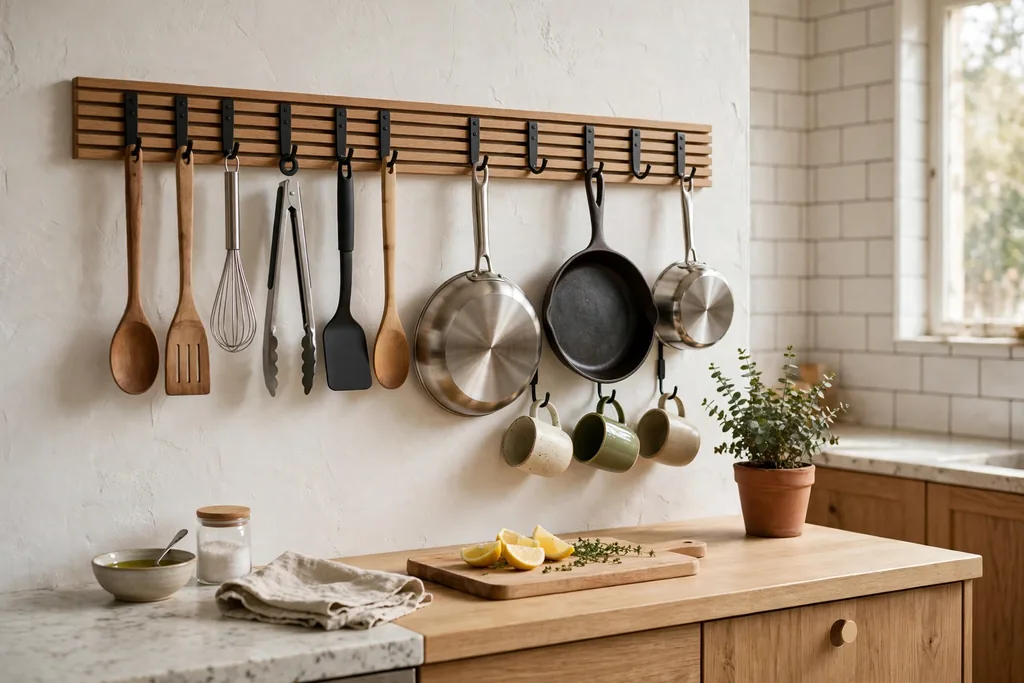 Kitchen wall rail with hooks holding cooking utensils above a counter.