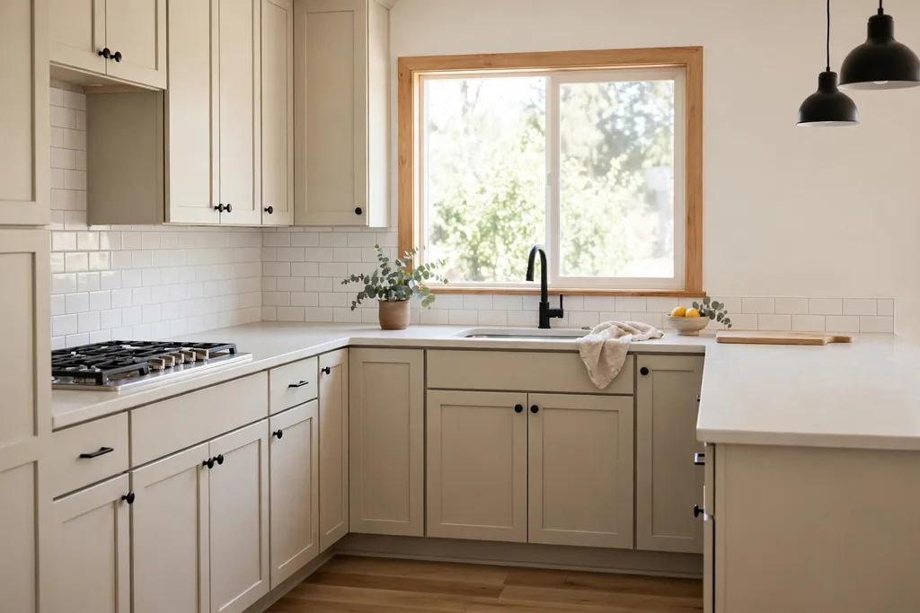 Kitchen with cabinets freshly repainted in a light warm neutral color and simple black knobs.