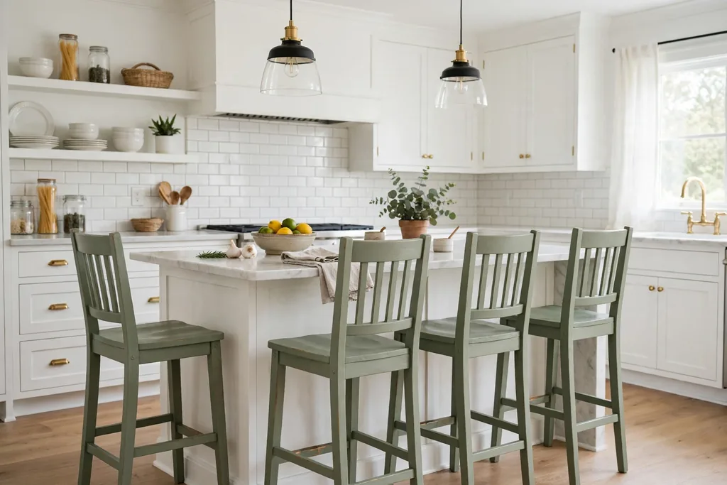 Wooden bar stools repainted sage green at a kitchen island.