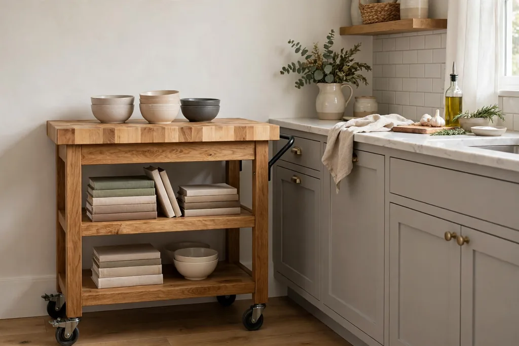 Wood rolling kitchen cart with a butcher block top beside a counter.