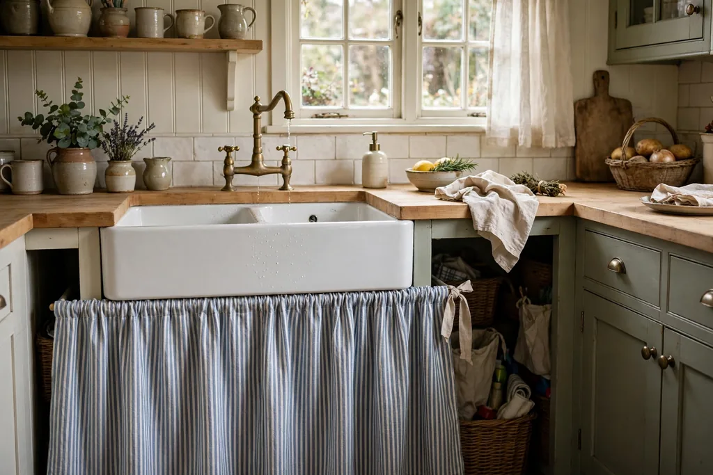 Kitchen sink with a striped fabric sink skirt hiding under-sink storage.