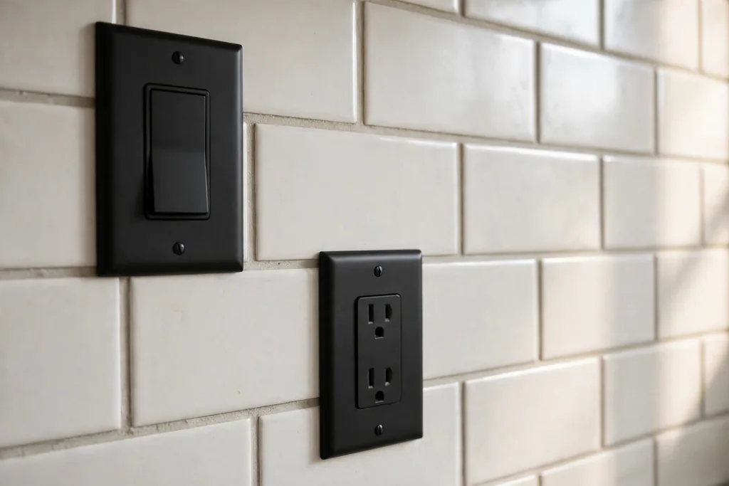 Kitchen wall with new matte black light switch plates against white tile.
