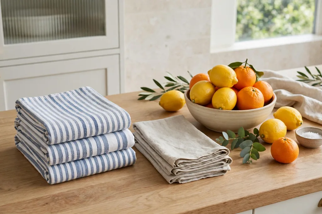 Kitchen counter with folded striped towels and a bowl of lemons and oranges.