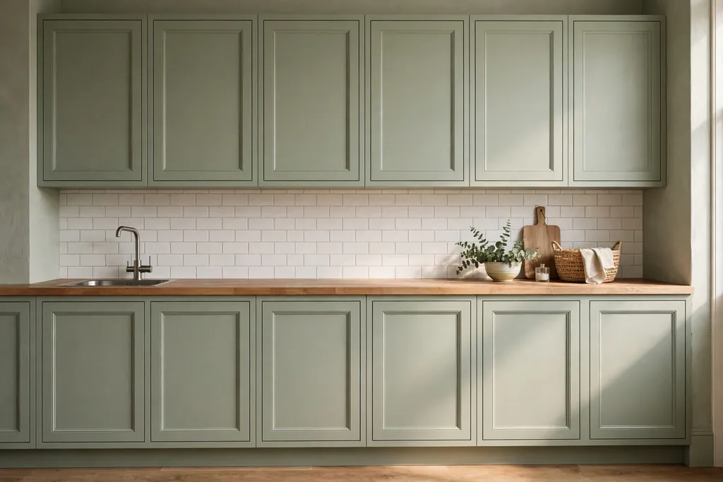 Flat kitchen cabinet doors with applied wood trim painted to match.