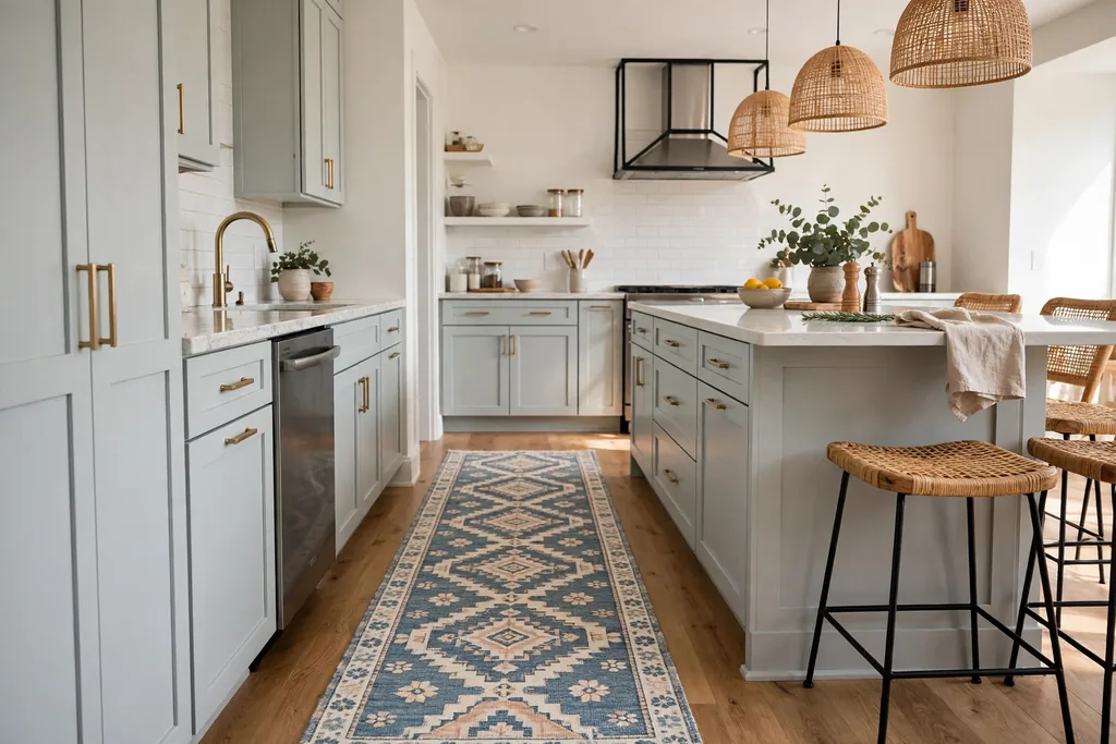 Patterned washable runner rug on a kitchen floor between cabinets and island.