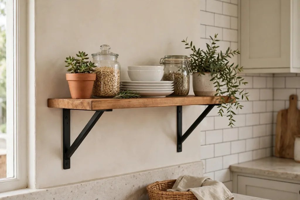 Simple wood wall shelf in a kitchen holding white dishes, plants and jars.