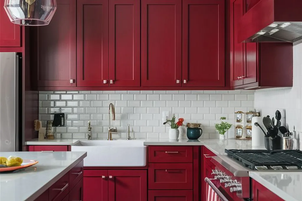 Kitchen with brick red cabinets and neutral walls.