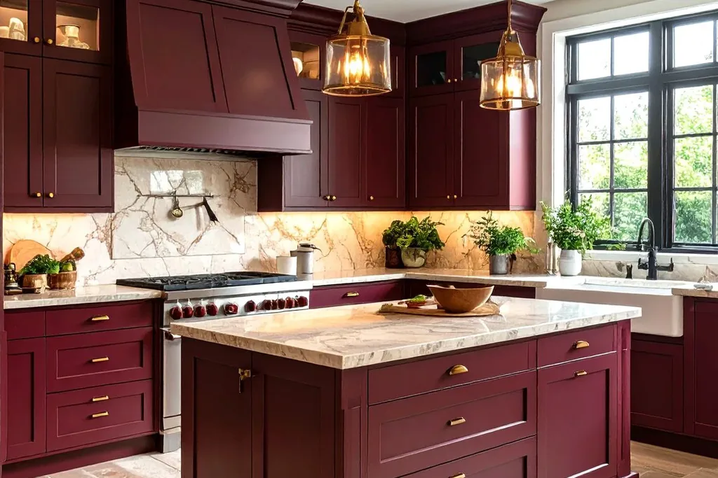 Kitchen with burgundy cabinets and dark counters.