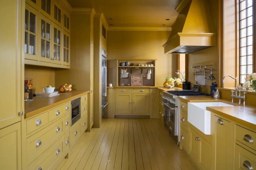 Kitchen with butter yellow cabinets and wood floors in a galley layout.