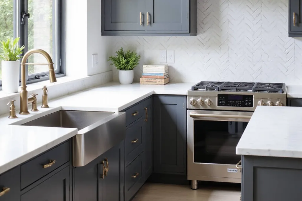 Kitchen with charcoal gray cabinets and light counters.
