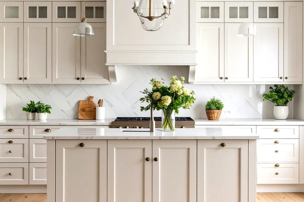 Kitchen with creamy off white cabinets and warm wood accents.