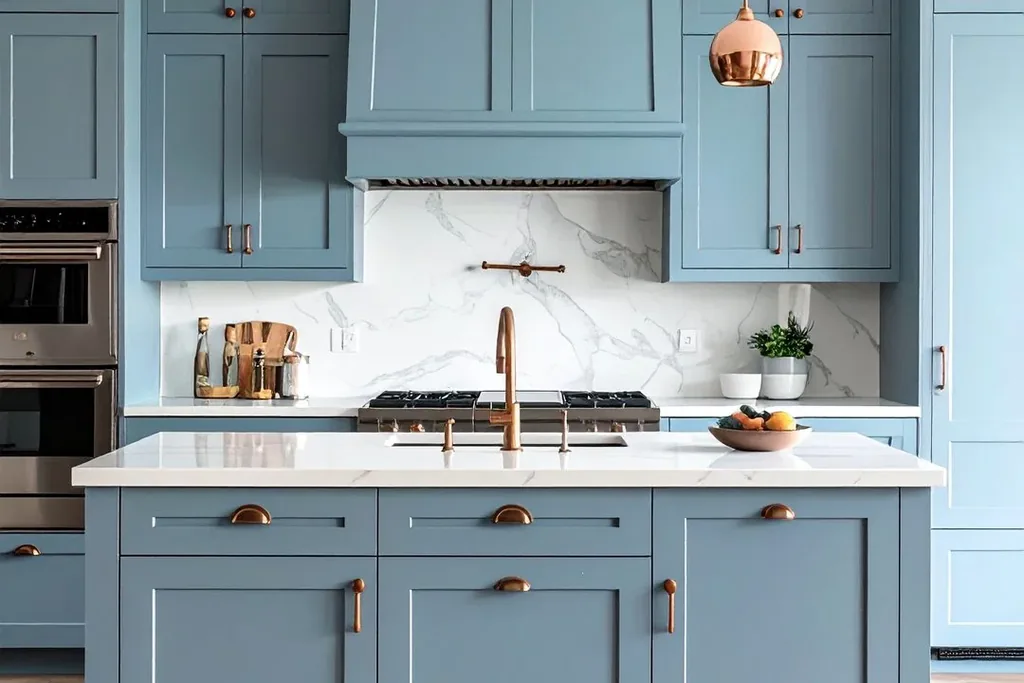 Kitchen with dusty blue cabinets and white walls.