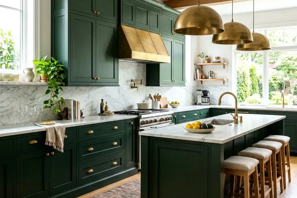 Kitchen with forest green cabinets and a white backsplash.