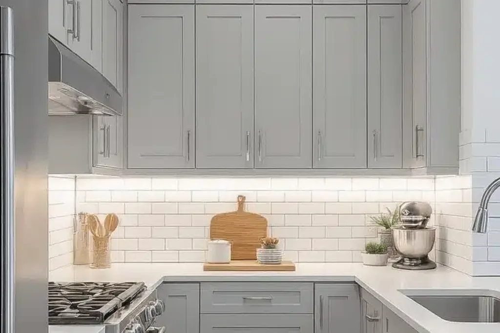 Kitchen with light gray cabinets and a white tile backsplash.