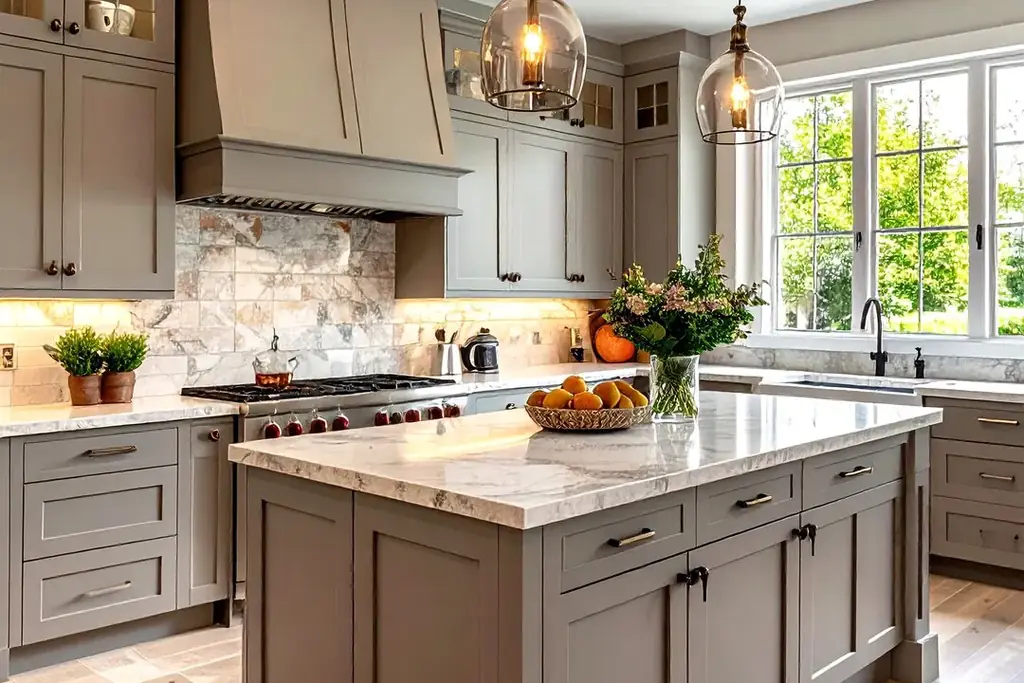 Kitchen with mushroom cabinets and warm white walls.