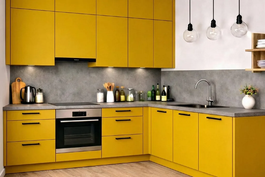 Kitchen with mustard ochre cabinets and dark handles.