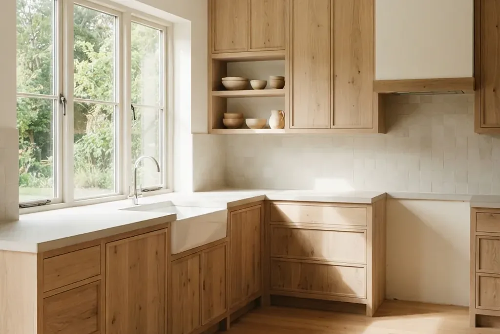 Kitchen with natural oak cabinets and simple handles.