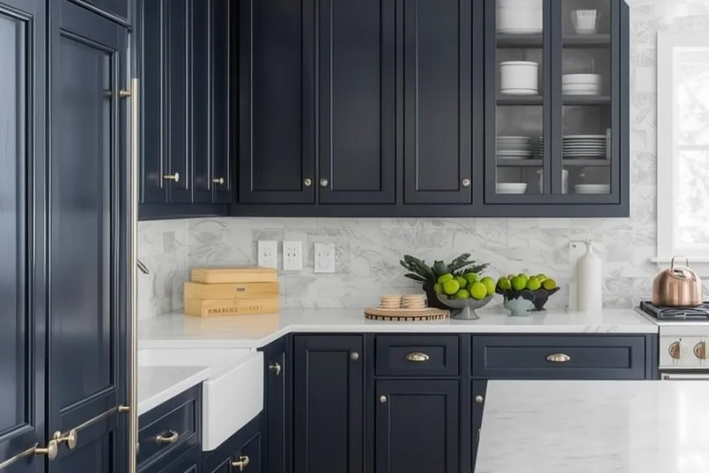 Kitchen with navy blue cabinets, a white farmhouse sink and pale counters.