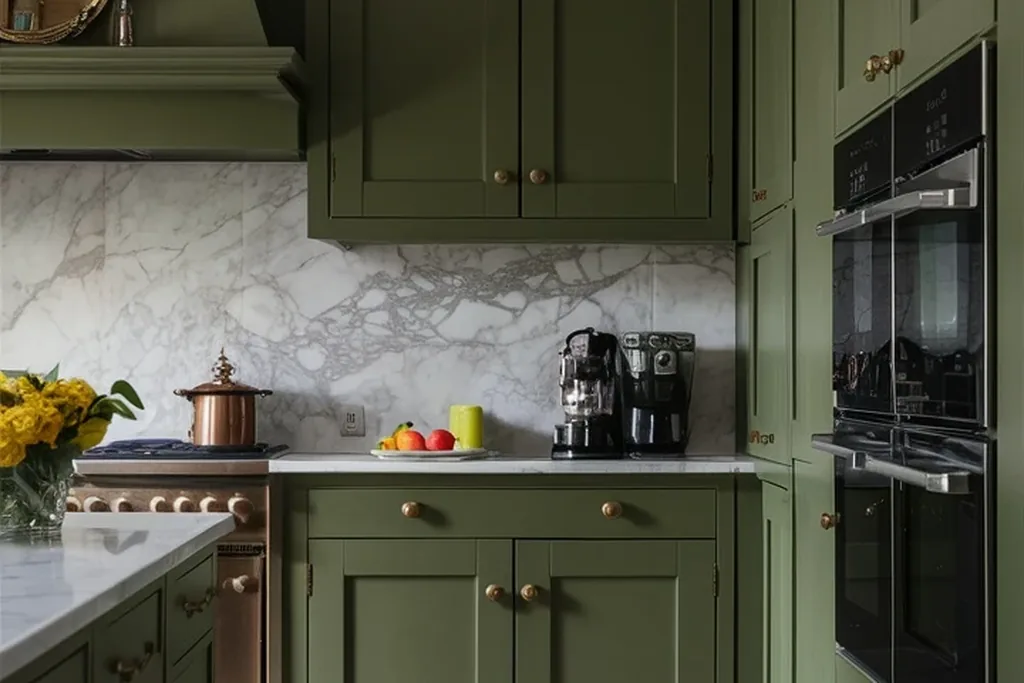 Kitchen with olive green cabinets and cream tiles.