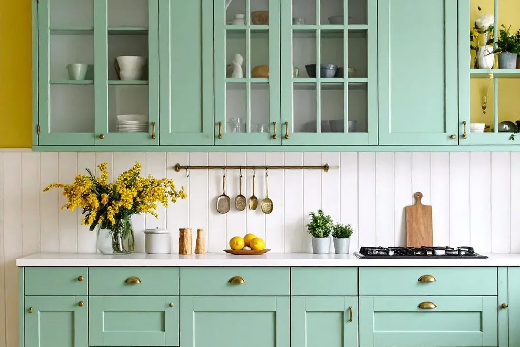 Kitchen with pale eucalyptus green cabinets in soft light.