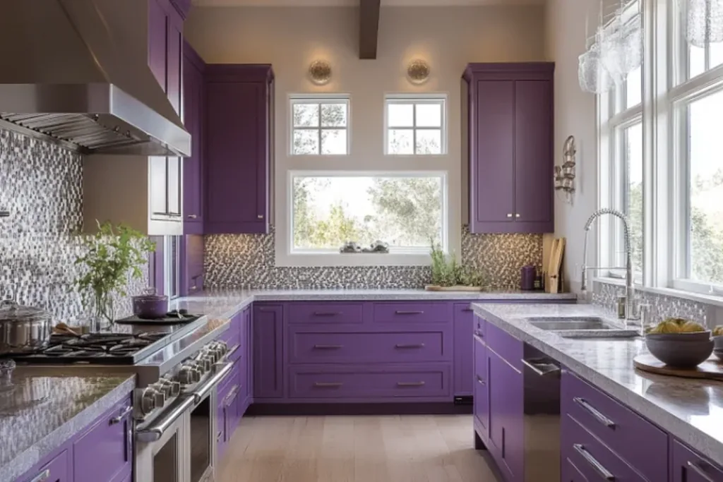 Kitchen with plum cabinets, a patterned tile backsplash and pale counters.