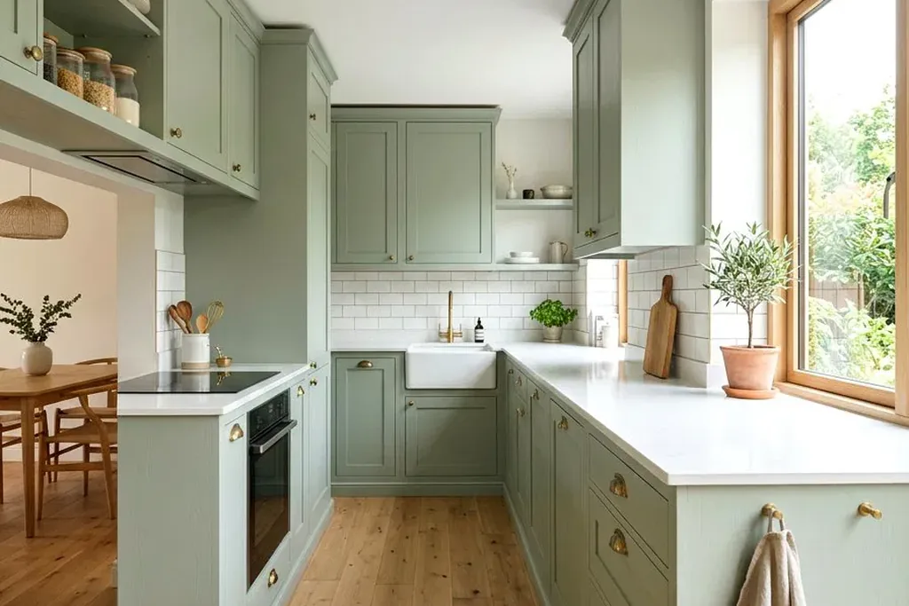Kitchen with sage green cabinets and light wood counters.