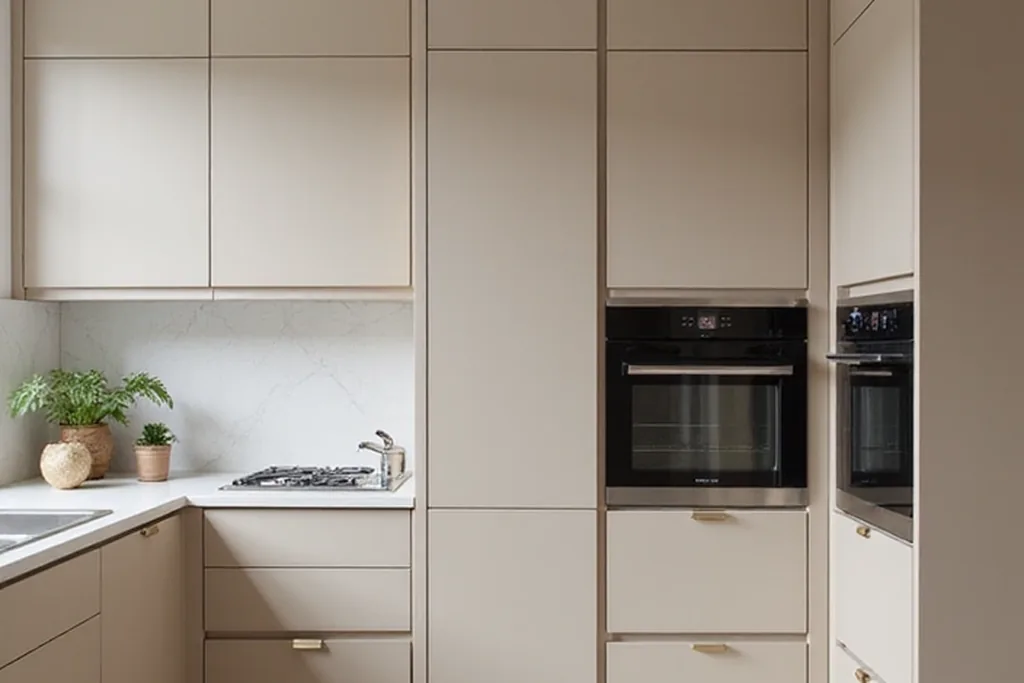 Kitchen with sand beige cabinets and a light floor.