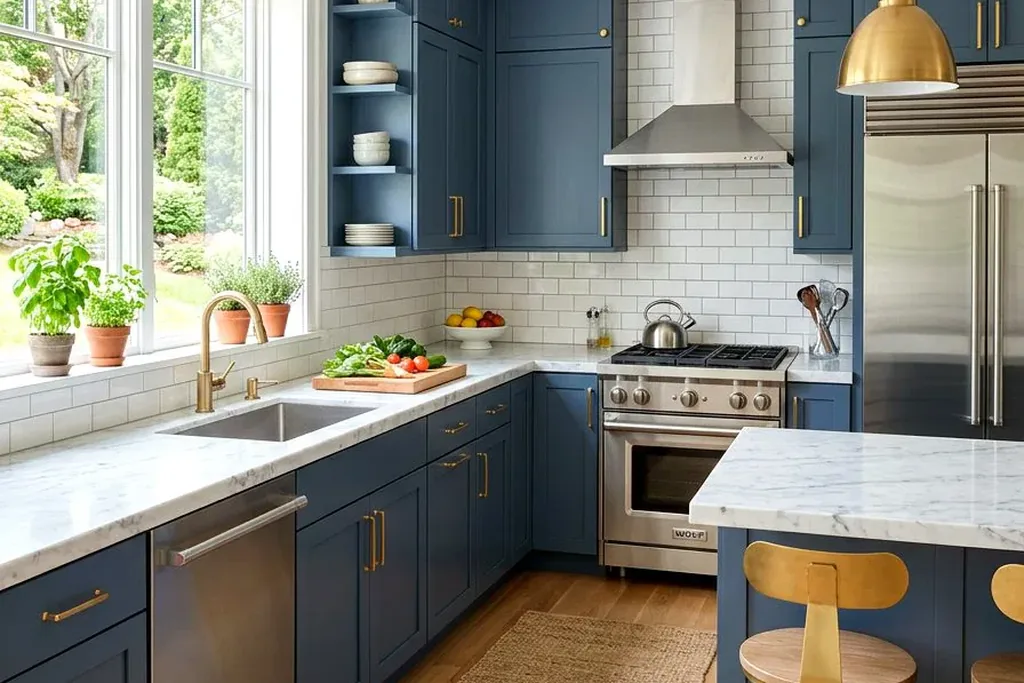 Kitchen with slate blue cabinets and wood shelves.