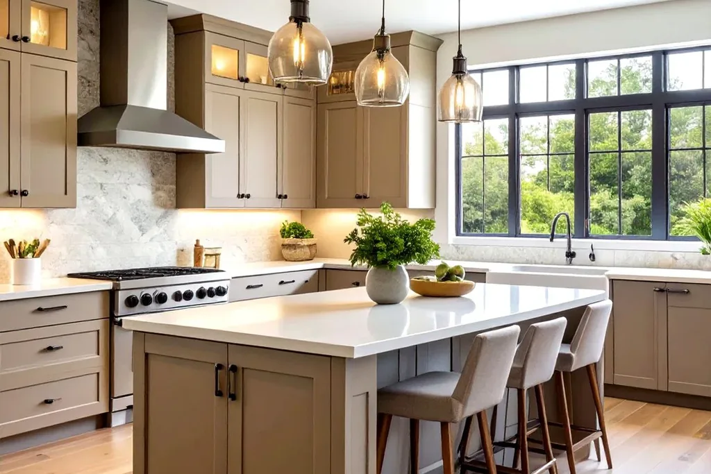 Kitchen with soft greige cabinets and white counters.