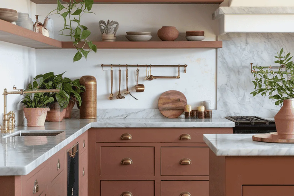 Kitchen with terracotta cabinets and warm tile.