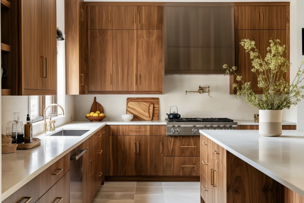 Kitchen with walnut brown cabinets and grain detail.