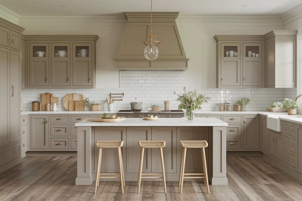 Kitchen with warm taupe cabinets and brass handles.