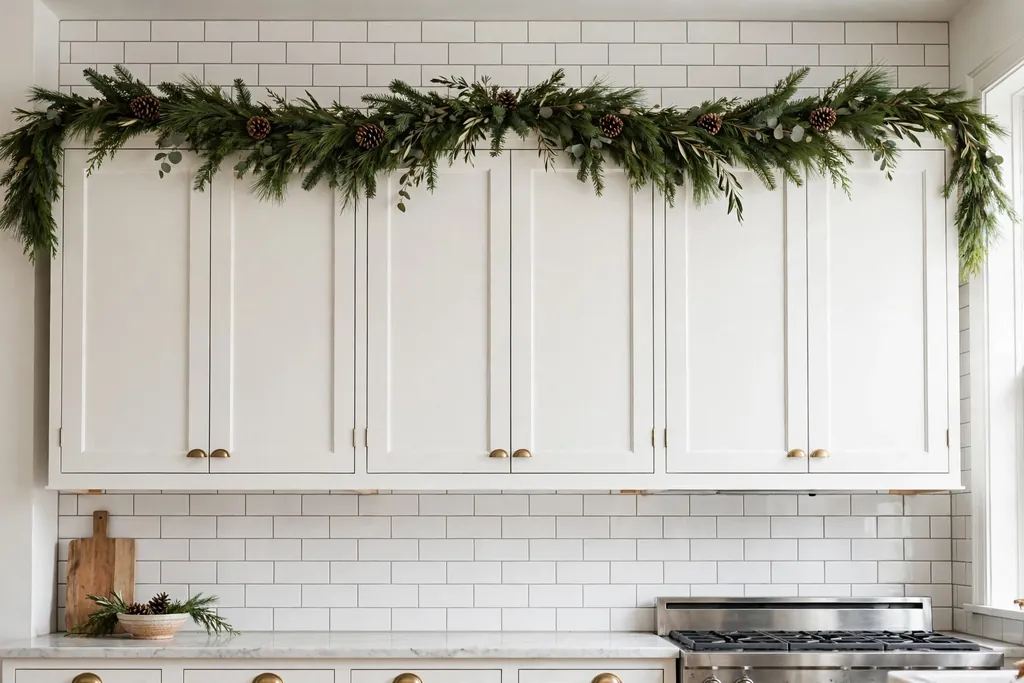 Full evergreen garland laid flat along the top of white kitchen cabinets with a few pinecones.