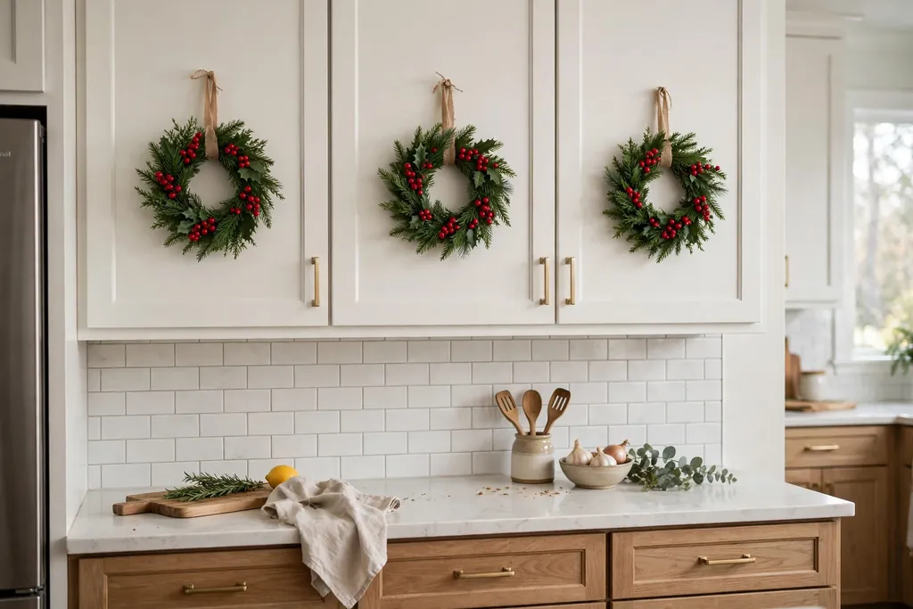 Small green Christmas wreaths with red berries hung on white upper kitchen cabinet doors.